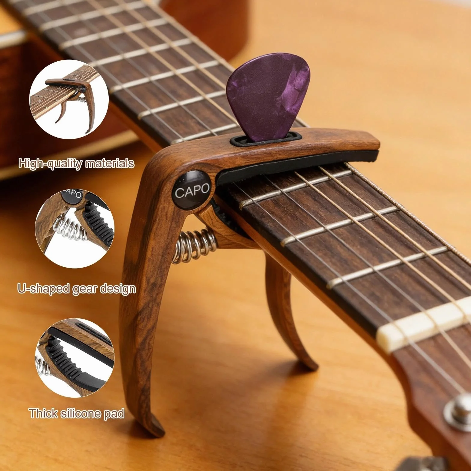 Kapodaster Capo Capo gitara z 5 kostkami, precyzyjny kapodaster z drewnianym wzorem, akcesoria do gitary 3 w jednym, idealna do gitary akustycznej, gitary westernowej i akcesoriów gitarowych