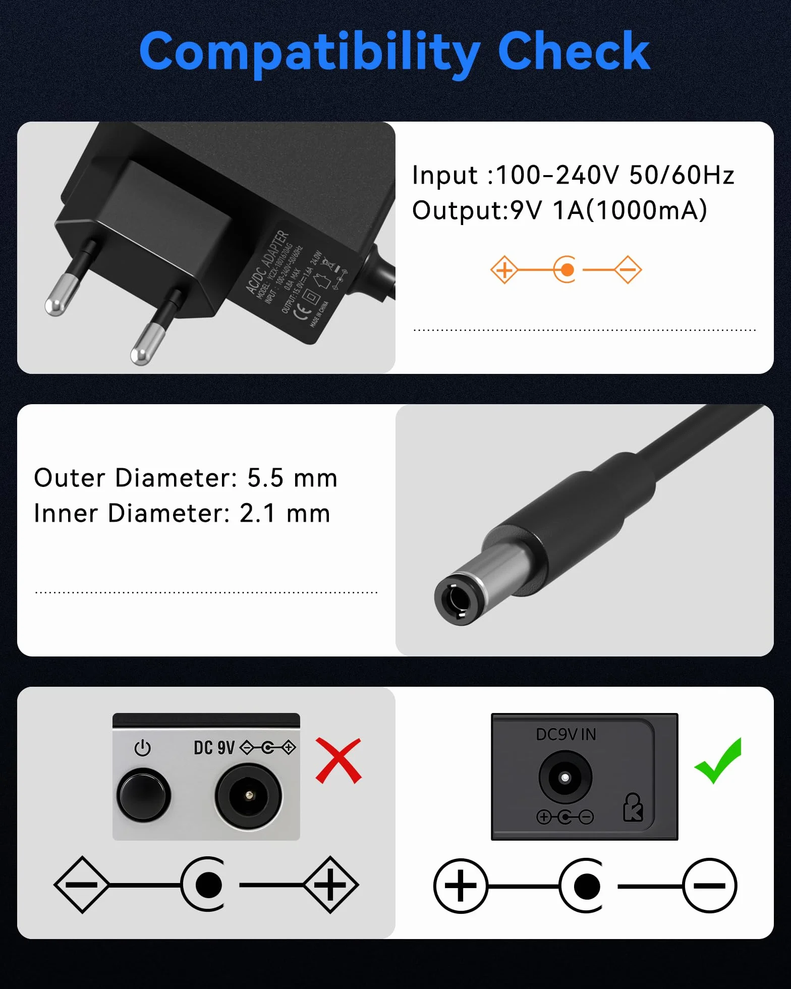 9V 1A Adapter zasilający do pedału gitarowego, RENGOGA Adapter sieciowy kompatybilny z Boss PSA-120S, BOSS efektów, Roland ME-80 ME-70 GT-1 GT-100, Casio Keyboard, ZOOM, Stompbox, DC 5,5 x 2,1