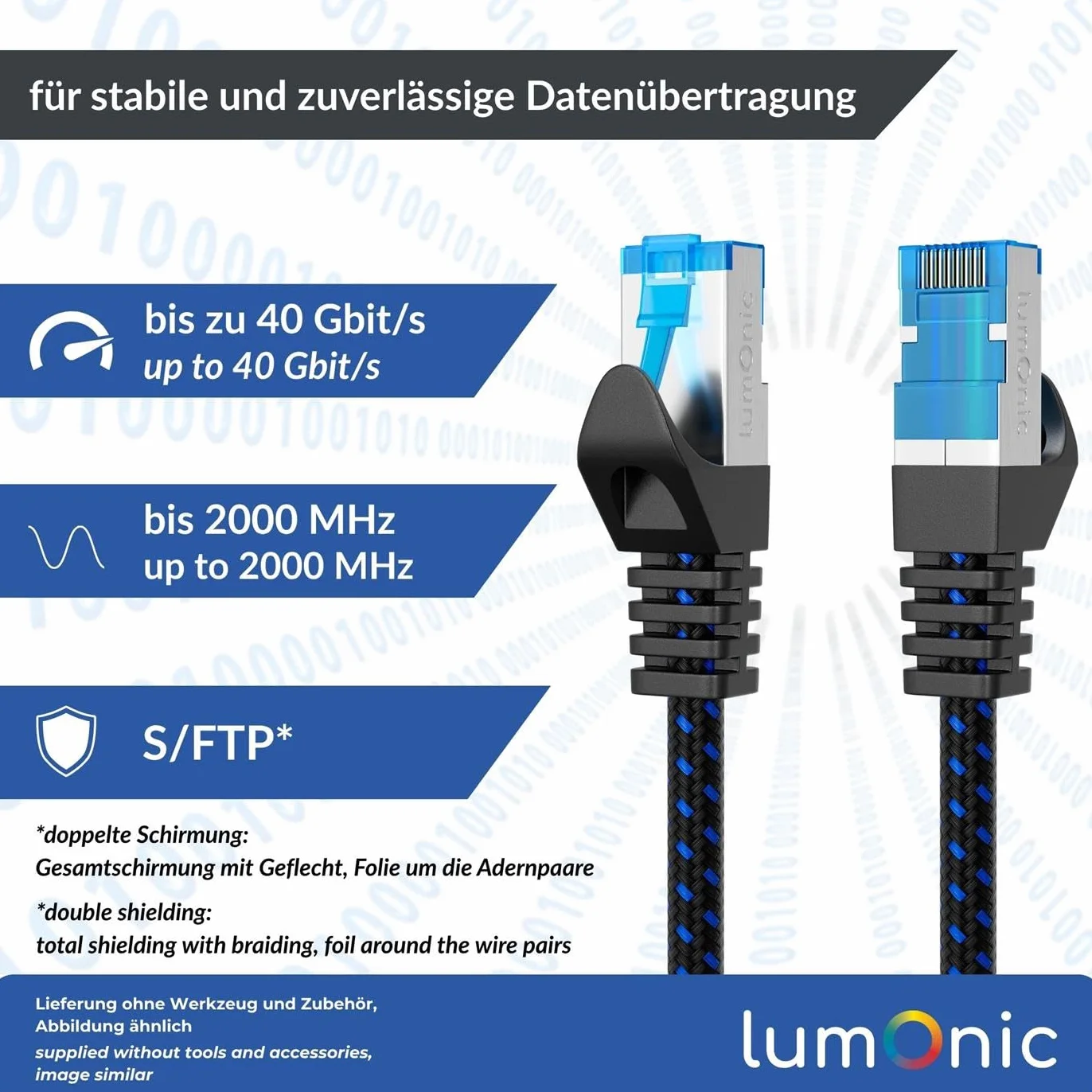 Lumonic CAT8.1 Kabel krosowy S/FTP 3m | RJ45 | Czarny Niebieski Najwyzszej jakosci nylon | Ethernet LAN | Kabel sieciowy