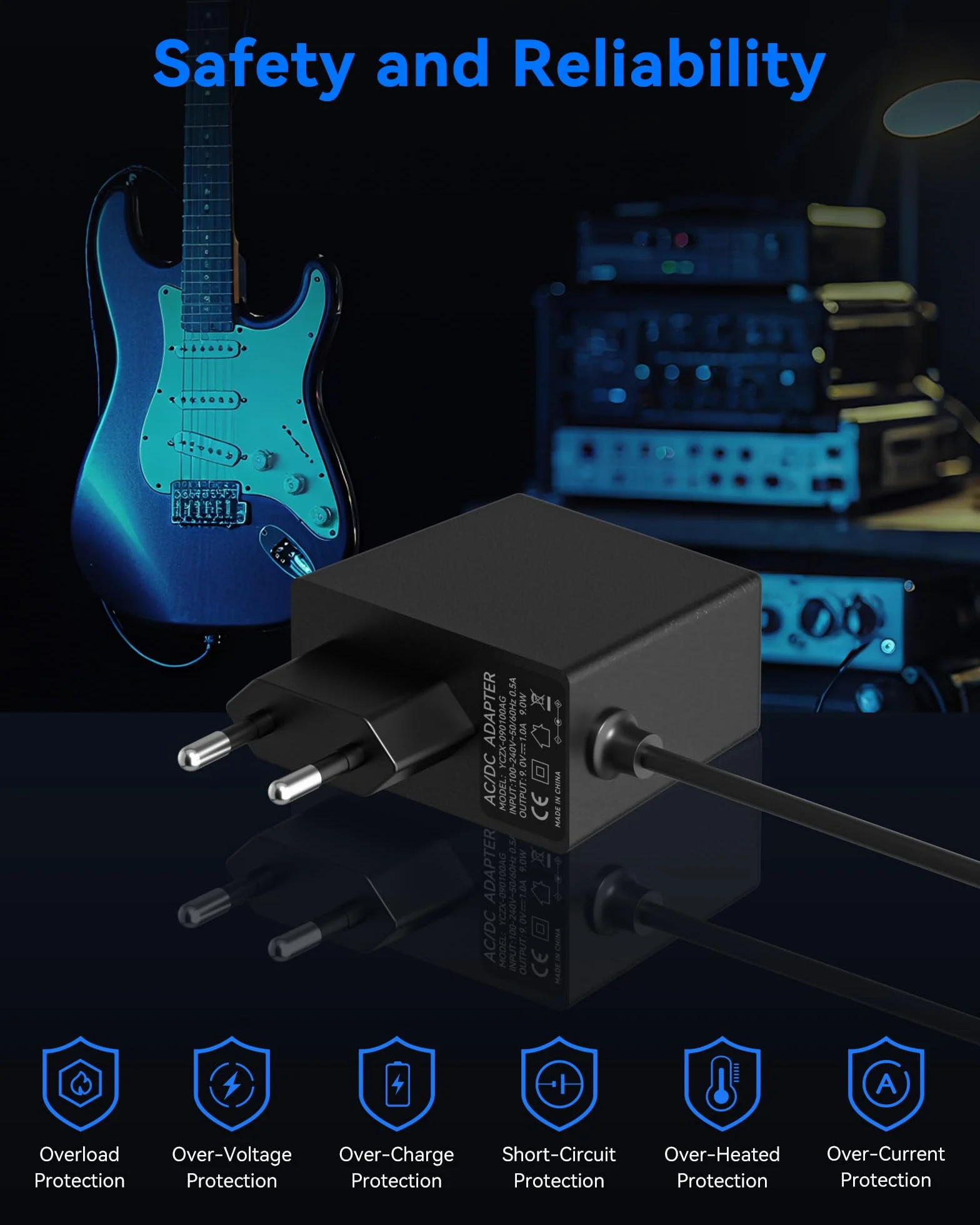 9V 1A Adapter zasilający do pedału gitarowego, RENGOGA Adapter sieciowy kompatybilny z Boss PSA-120S, BOSS efektów, Roland ME-80 ME-70 GT-1 GT-100, Casio Keyboard, ZOOM, Stompbox, DC 5,5 x 2,1
