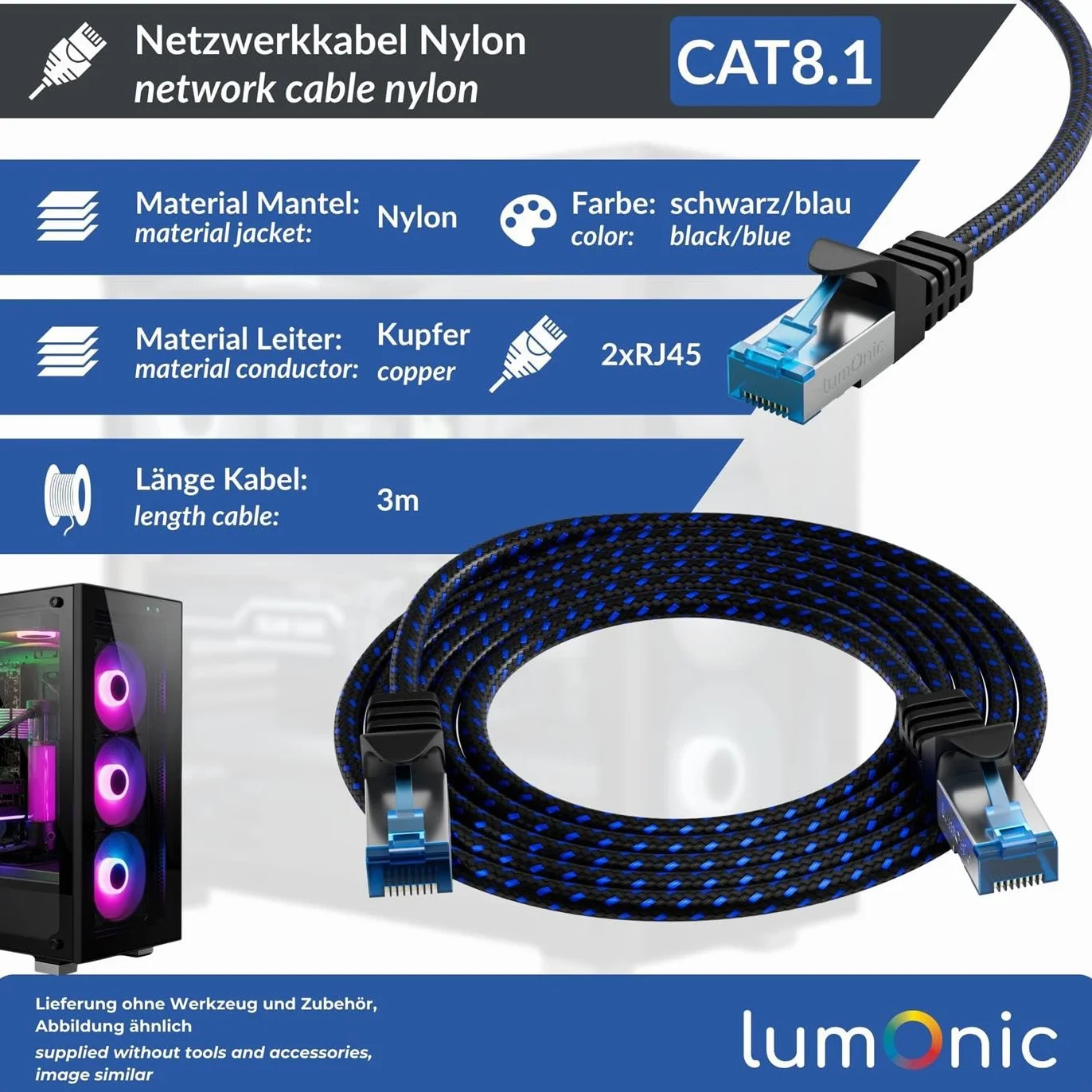 Lumonic CAT8.1 Kabel krosowy S/FTP 3m | RJ45 | Czarny Niebieski Najwyzszej jakosci nylon | Ethernet LAN | Kabel sieciowy