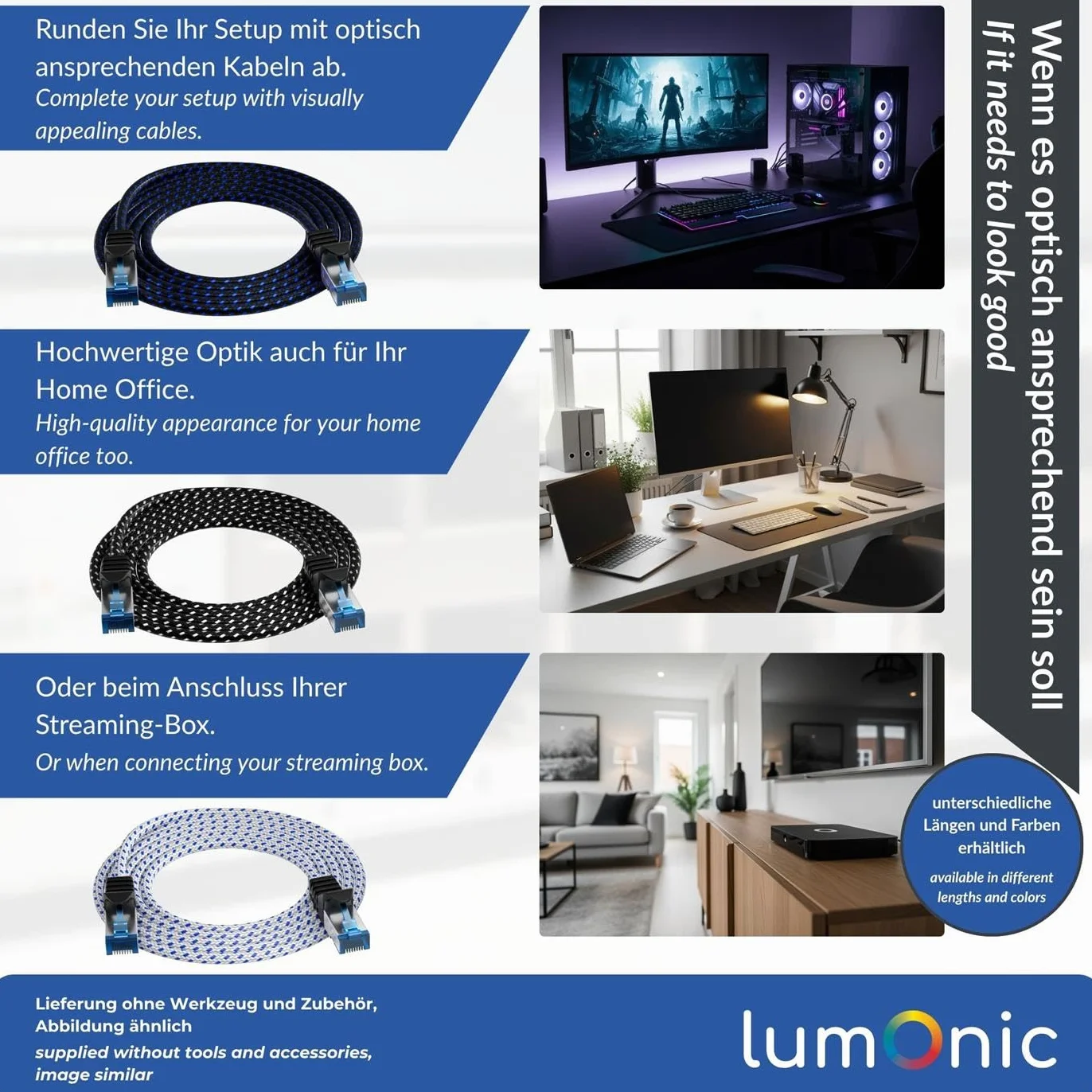Lumonic CAT8.1 Kabel krosowy S/FTP 3m | RJ45 | Czarny Niebieski Najwyzszej jakosci nylon | Ethernet LAN | Kabel sieciowy