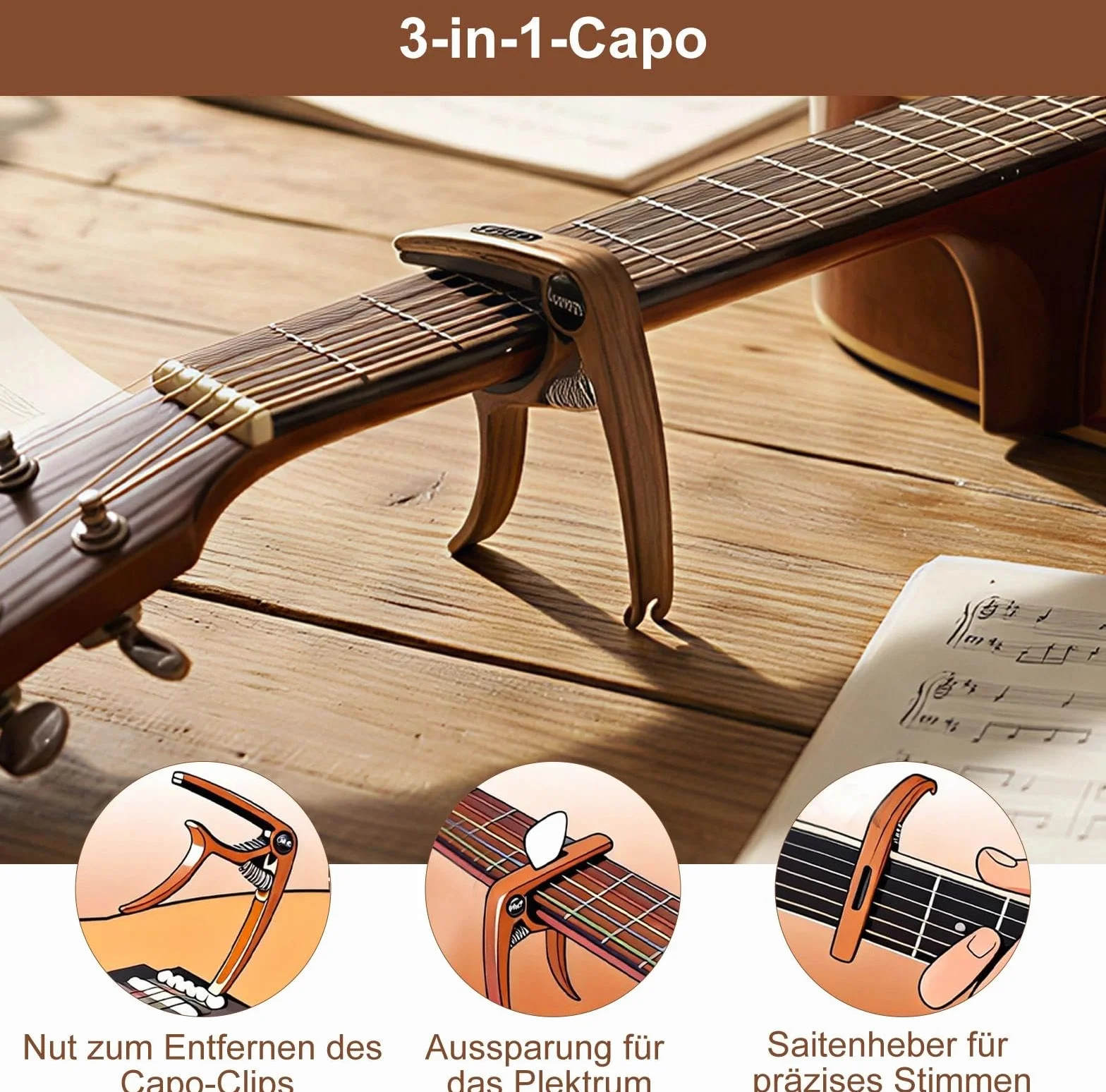 Kapodaster Capo Capo gitara z 5 kostkami, precyzyjny kapodaster z drewnianym wzorem, akcesoria do gitary 3 w jednym, idealna do gitary akustycznej, gitary westernowej i akcesoriów gitarowych