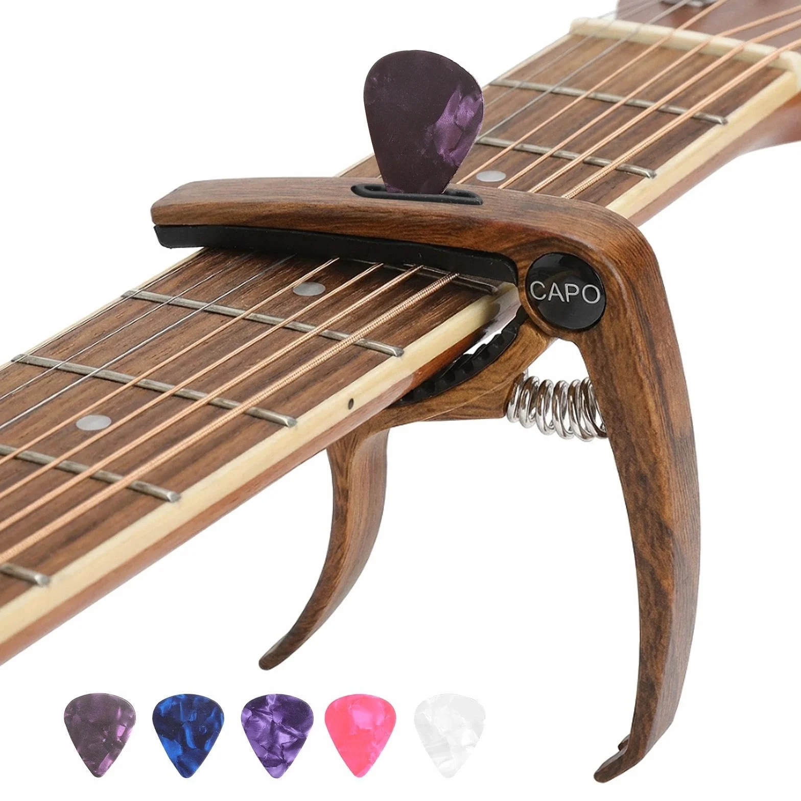 Kapodaster Capo Capo gitara z 5 kostkami, precyzyjny kapodaster z drewnianym wzorem, akcesoria do gitary 3 w jednym, idealna do gitary akustycznej, gitary westernowej i akcesoriów gitarowych