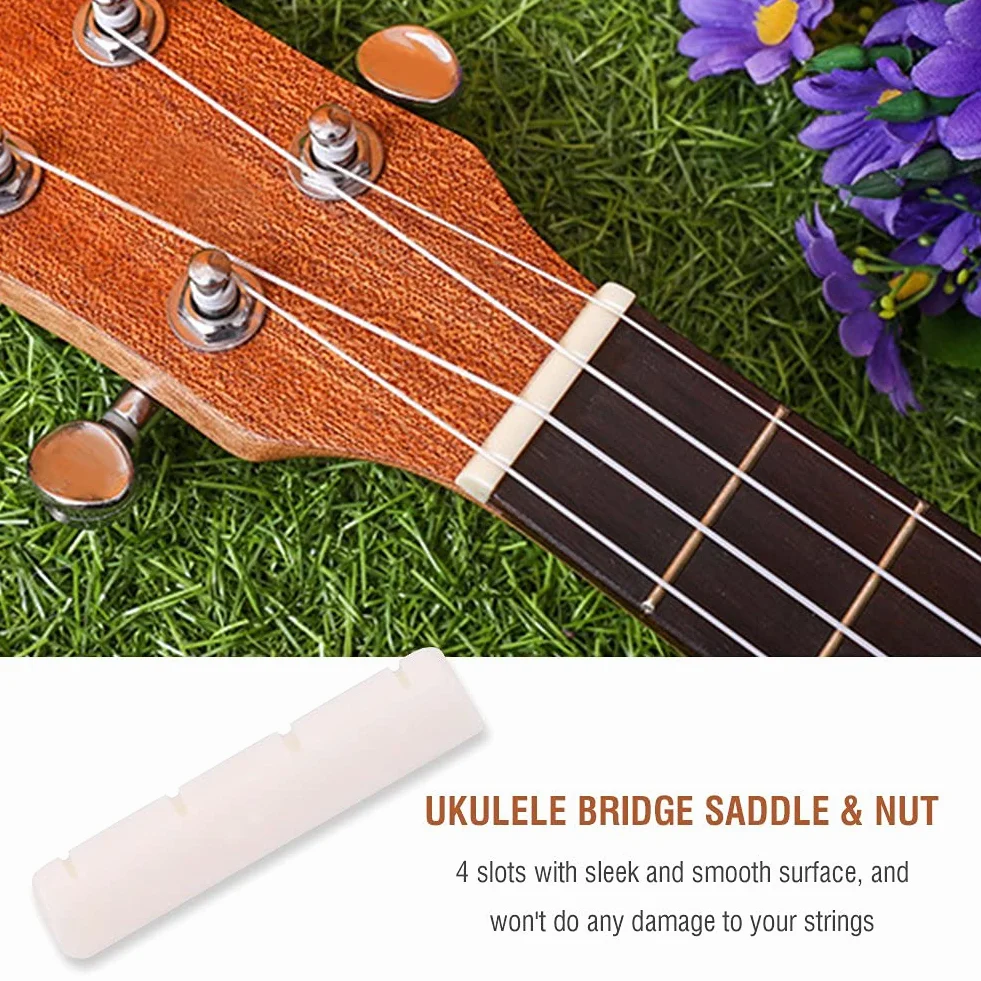 Bnineteenteam Ukulele Nakrętka do siodełka, 4-strunowa nakrętka kostna i siodełko, części zamienne do 4-strunowych ukulele, części zamienne, akcesoria do instrumentów muzycznych